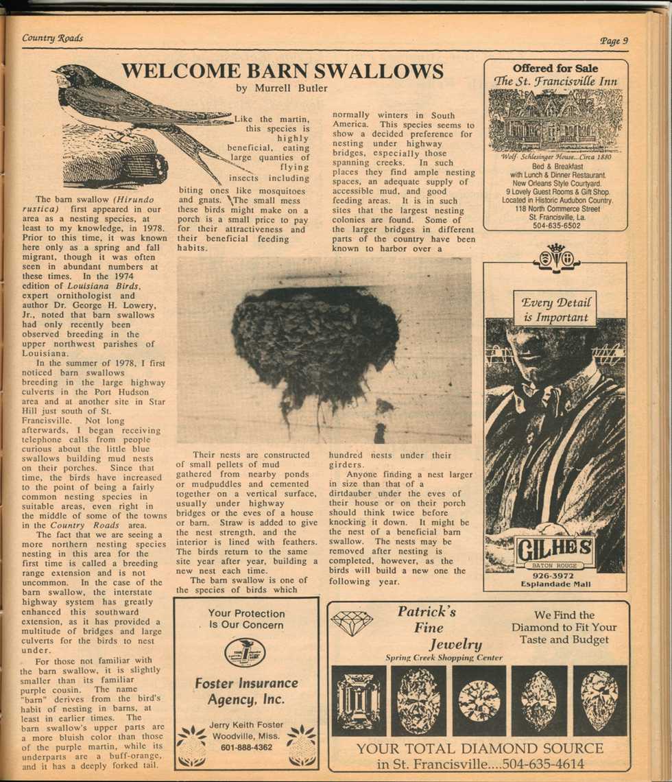 "Welcome Barn Swallows," published in the 1987 July-August issue of Country Roads