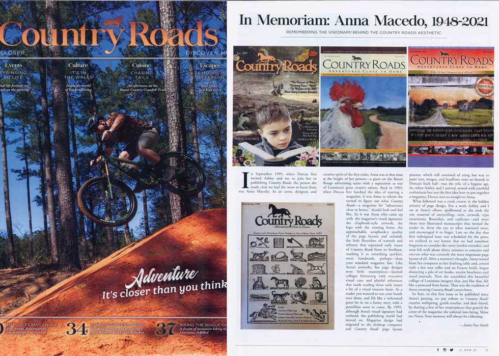 Country Roads April 2021 Cover and In Memoriam for Anna Macedo