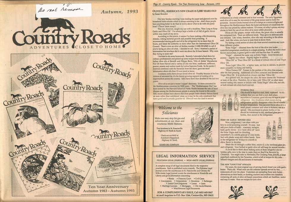Country Roads Autumn 1993 cover and olive oil story