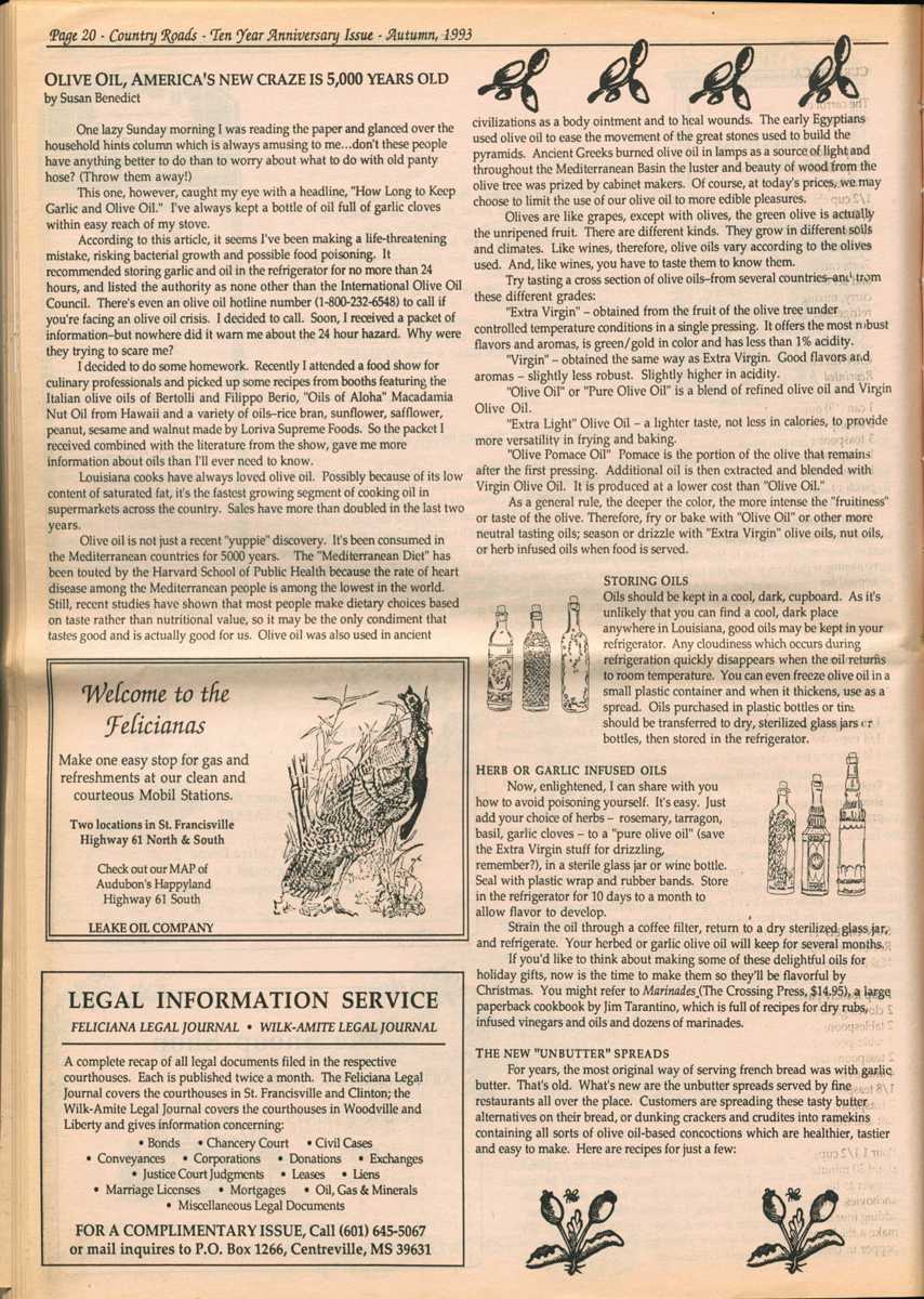 "Olive Oil," page 1,  published in Country Roads' autumn 1993 issue