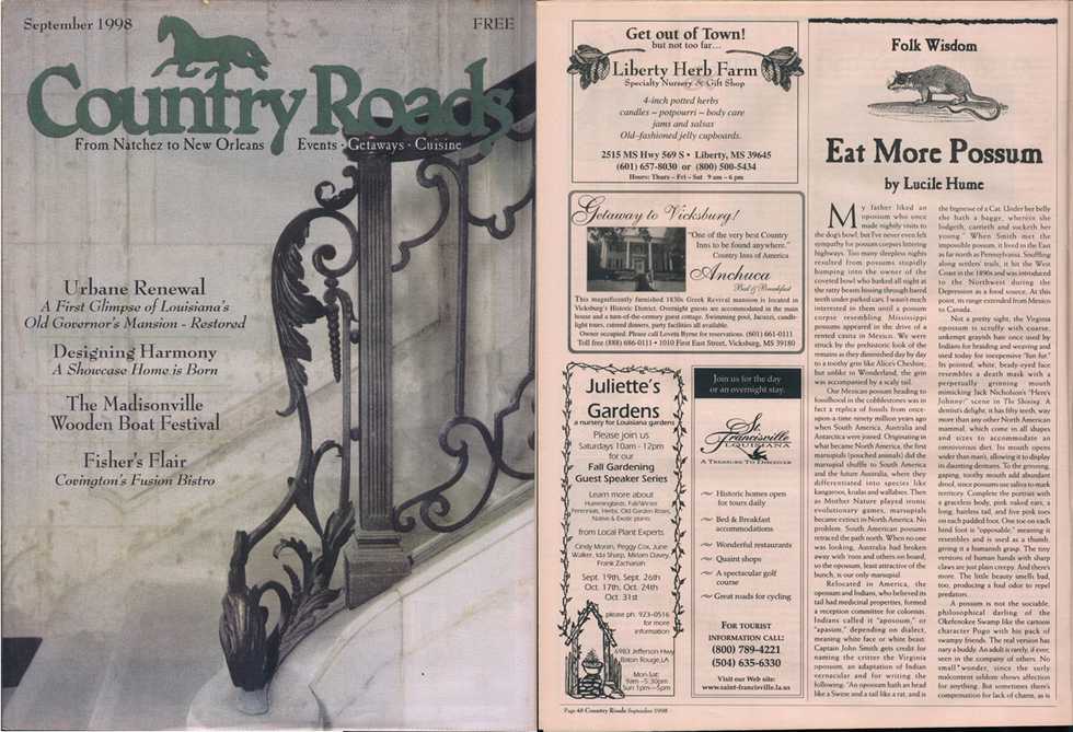 September 1998 Country Roads cover and "Eat More Possum" story