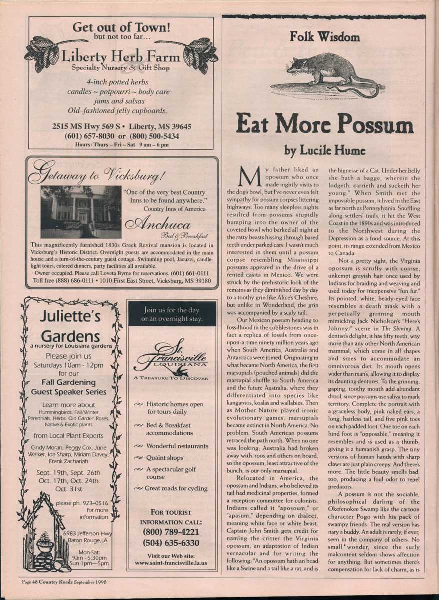 "Eat More Possum," published in the September 1998 issue Country Roads, page 1