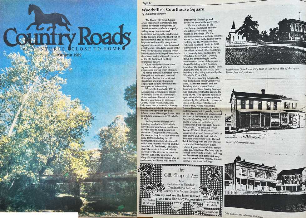 Country Roads Autumn 1989 cover and first page of Woodville Courthouse Square story